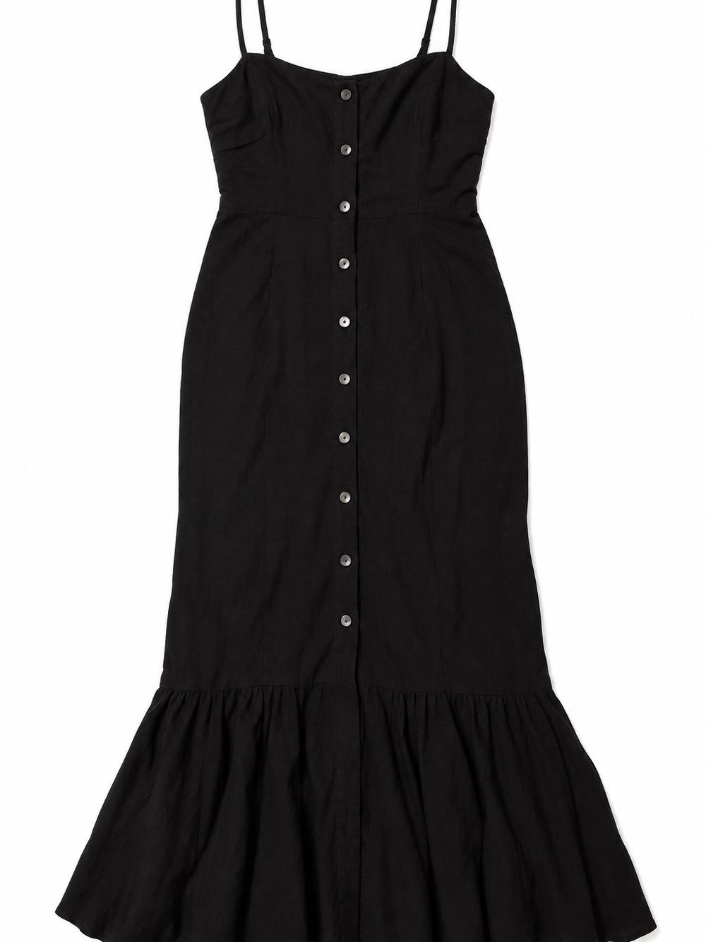 Something Navy Black Button-Front Spaghetti Strap Maxi Dress with Ruffle Hem